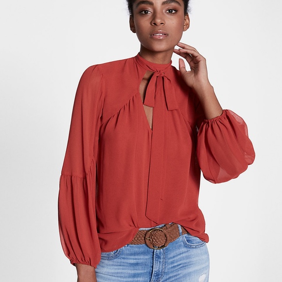 Express Tops - NWT Express Chiffon Tie Neck Bubble Sleeve Blouse